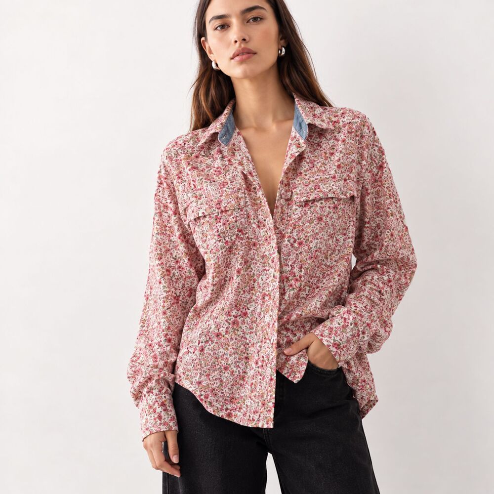 St John’s Bay Pink Floral Button Front Shirt XL 100% Cotton Cottagecore Blouse